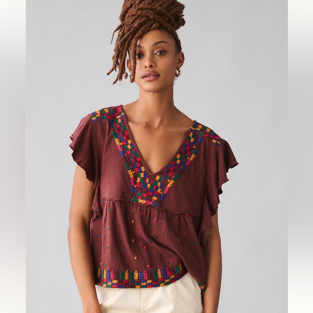 Anthropologie Embroidered V-Neck Top